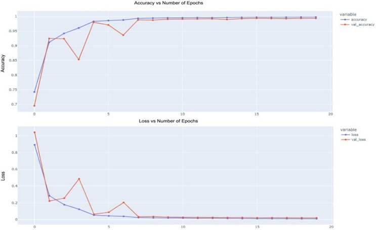 Figure 8. An all-around summary of model behavior on the PlantVillage corpus is presented here, including the accuracy curve alongside training and validation accuracy, as well as training and validation loss. The panel delineates the model’s learning odyssey, clarifying how accuracy and error trajectories evolve during the conditioning phase.