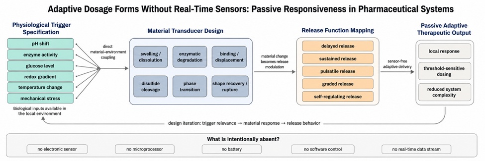Figure 1. Sensor-Free Passive Adaptive Dosage Form Framework: Translating Physiological Cues into Material Responses and Release Behavior without Electronic Feedback