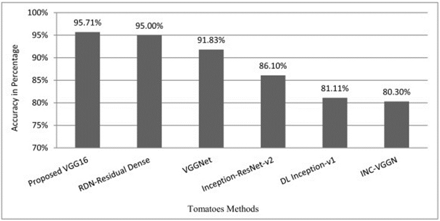 Figure 13. Comparison of different models vs. accuracy (%) with the proposed VGG16 model for tomatoes.