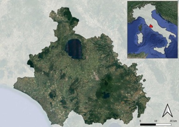 Figure 4. Geographical location of the study area: Province of Viterbo, Lazio region, central Italy (source: WMS Google-Maxar).