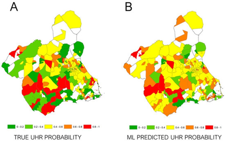 Figure 3. Observed (A) and machine learning (B) unscheduled hospital readmission (UHR) probability attending to the ZIP code. Colour scale represents probability of unscheduled hospital readmission, with green colour showing the lowest probability and red colours showing the highest.