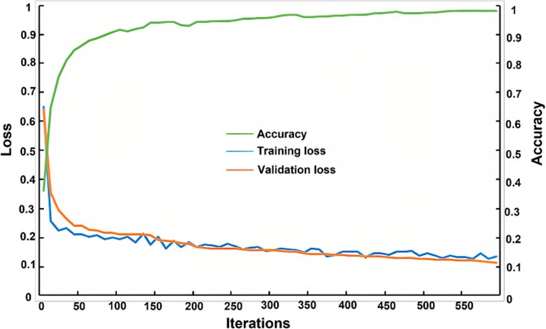 Figure 5. Training losses, validation losses, and accuracy per iteration.