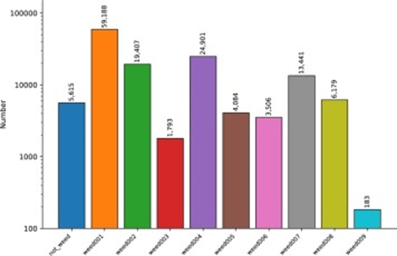 Figure 3. The number of labeled boxes for soybean seedlings and weeds.