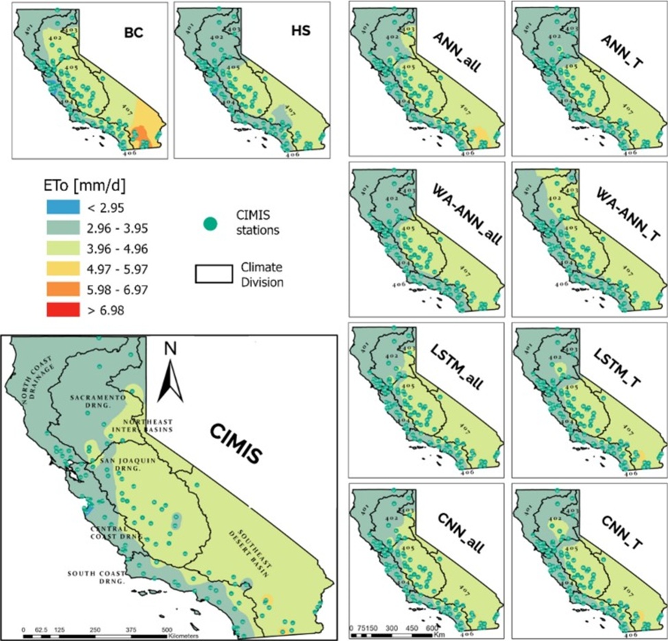 Figure 9. Comparison between the long-term ETo maps obtained from CIMIS against the estimated maps by the temperature-based empirical and DL models evaluated in this study. BC: Blaney and Criddle FAO, HS: Hargreaves & Samani, ANN_all: ANN model with Tmin, Tmax, Ta, Ra, RH, and U as inputs, WA-ANN_all: Wavelet transform ANN model with Tmin, Tmax, Ta, Ra, RH, and U as inputs, ANN_T: ANN model with Tmin, Tmax, Ta, and Ra as inputs, WA-ANN_T: wavelet transform ANN model with Tmin, Tmax, Ta, and Ra as inputs, LSTM_all: Long Short-Term Memory Recurrent Neural Network with 6 inputs, LSTM_T: 4 inputs, CNN_all: Convolutional neural network with 6 inputs, CNN_T: CNN model with 4 inputs.
