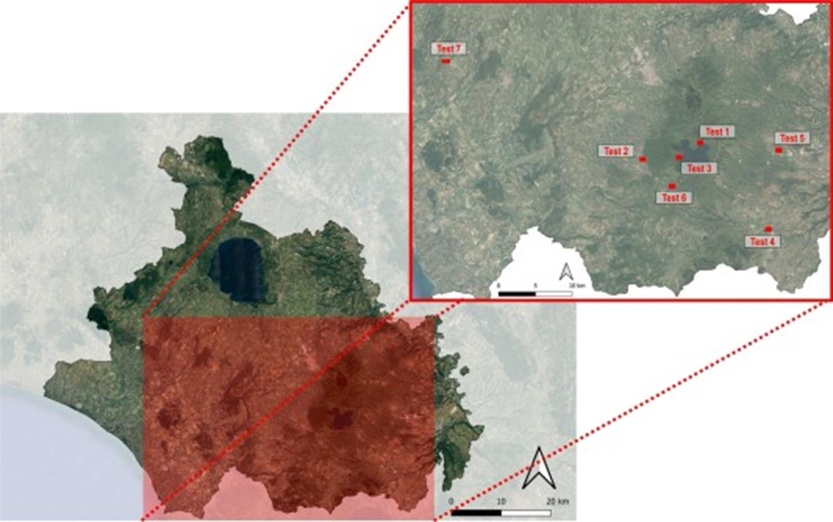 Figure 6. Localization of test areas within the AOI (source: WMS Google-Maxar).
