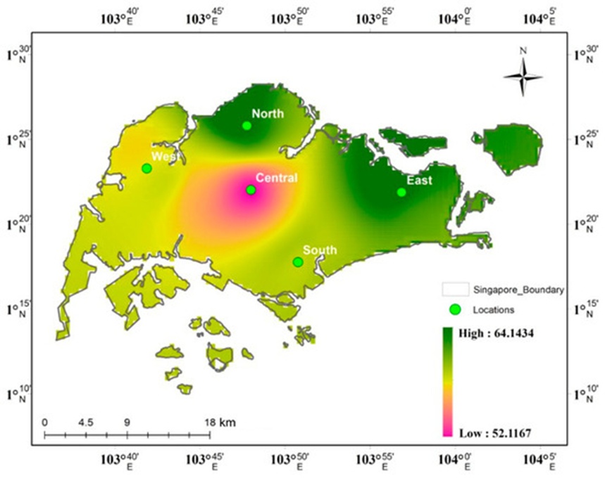 Figure 3. Inverse distance weighted interpolated data using observation data for January 2014 of PM2.5 concentration.