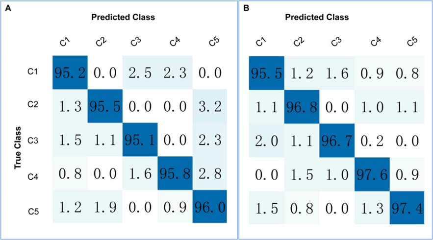 Figure 17. (A) Confusion matrix for a five-class classification recognition training set, and (B) Confusion matrix for a five-class classification recognition test set.