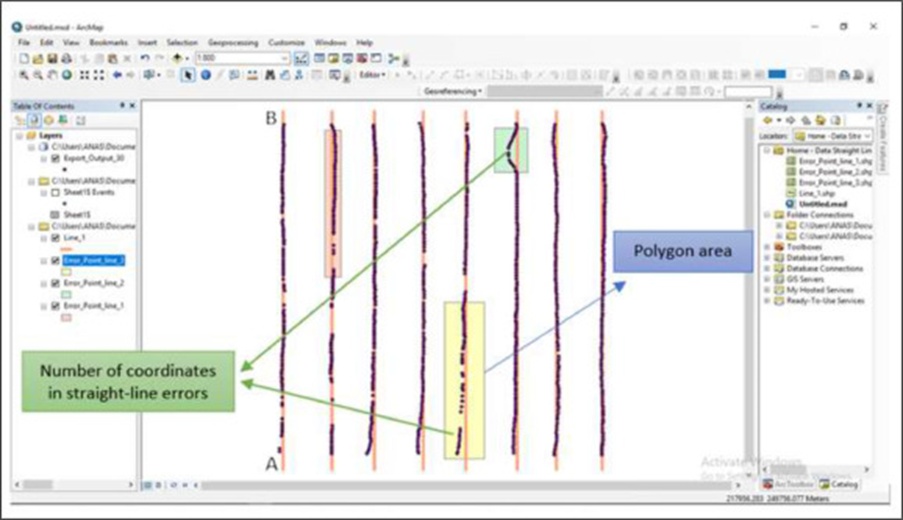 Figure 7. Shapefile in polygons feature showing the obvious errors of straight-line accuracy in the ArcMap interface in ArcGIS.